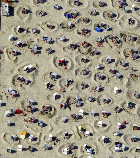 Sandy beach beach with beach chairs and sand walls, sand castles, aerial view, Wangerooge, North Sea, North Sea island, East Frisian Islands, Lower Saxony, Germany, Europe, birds-eyes view, aerial view, aerial photography, aerial photography, overview, bird's eye view