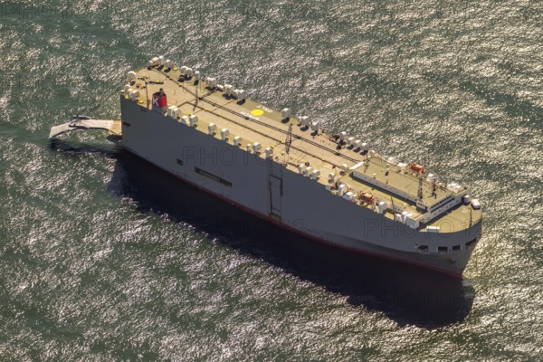 Cargo ship, anchoring car transporter Ocean Highway Panama, aerial view, cargo ships anchored off Spiekeroog, shipping lane, shipping route, at sea, coastal waters, Spiekeroog, North Sea, North Sea island, East Frisian Islands, Lower Saxony, Germany, Europe, birds-eyes view, aerial view, aerial photography, aerial photography, overview, bird's eye view