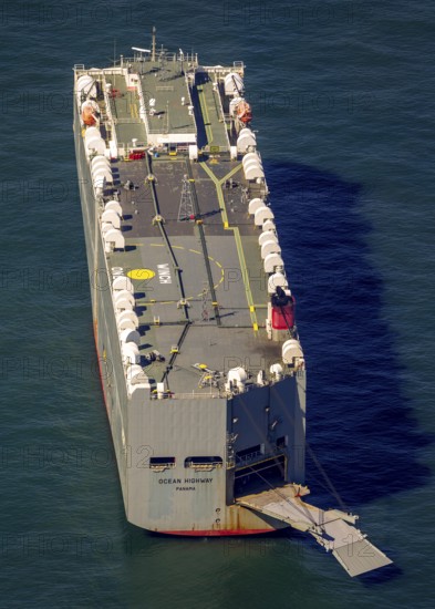Cargo ship, anchoring car transporter Ocean Highway Panama, aerial view, Spiekeroog, North Sea, North Sea island, East Frisian Islands, Lower Saxony, Germany, Europe, birds-eyes view, aerial photography, aerial photography, aerial photography, overview, bird's eye view