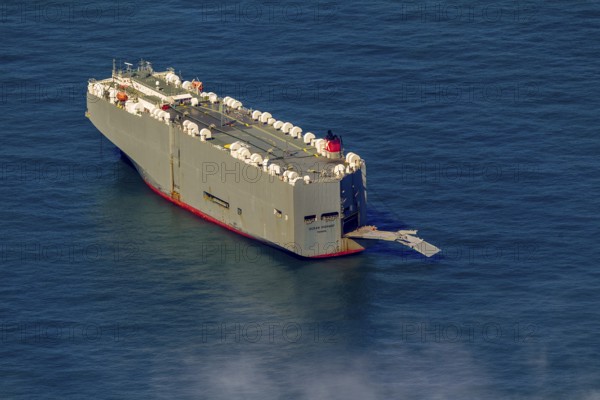 Cargo ship, anchoring car transporter Ocean Highway Panama, aerial view, cargo ships anchored off Spiekeroog, shipping lane, shipping route, at sea, coastal waters, Wangerooge, North Sea, North Sea island, East Frisian Islands, Lower Saxony, Germany, Europe, birds-eyes view, aerial view, aerial photography, aerial photography, overview, bird's eye view