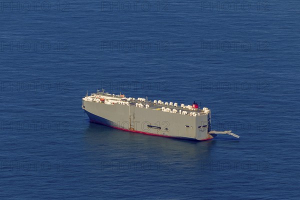 Cargo ship, anchoring car transporter Ocean Highway Panama, aerial view, cargo ships anchored off Spiekeroog, shipping lane, shipping route, at sea, coastal waters, Wangerooge, North Sea, North Sea island, East Frisian Islands, Lower Saxony, Germany, Europe, birds-eyes view, aerial view, aerial photography, aerial photography, overview, bird's eye view