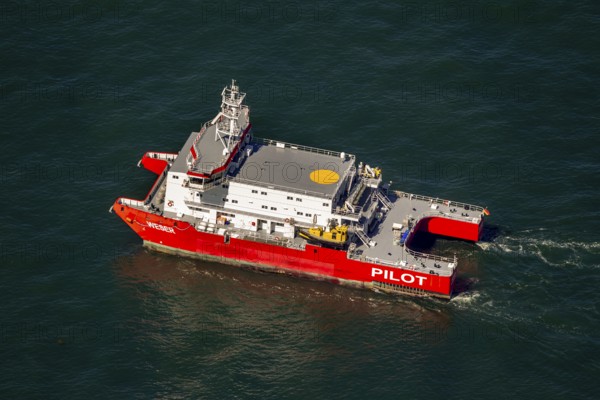 Pilot ship, pilot ship Weser, aerial photograph, cargo ships at anchor off Spiekeroog, shipping line, shipping route, at sea, coastal waters, Wangerooge, North Sea, North Sea island, East Frisian Islands, Lower Saxony, Germany, Europe, birds-eyes view, aerial photograph, aerial photography, aerial photography, overview, overview, bird's eye view