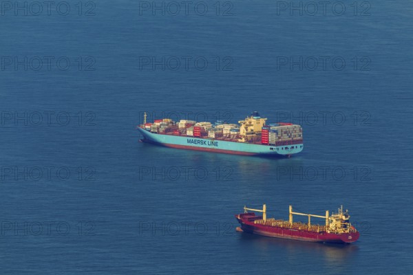 Aerial view, cargo ships at anchor off Spiekeroog, shipping lane, shipping route, at sea, coastal waters, Wangerooge, North Sea, North Sea island, East Frisian Islands, Lower Saxony, Germany, Europe, birds-eyes view, aerial view, aerial photography, aerial photography, overview, bird's eye view
