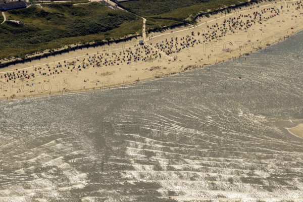 Sandy beach beach, aerial view, Langeoog, North Sea, North Sea island, East Frisian Islands, Lower Saxony, Germany, Europe, birds-eyes view, aerial photography, aerial photography, overview, overview, bird's eye view