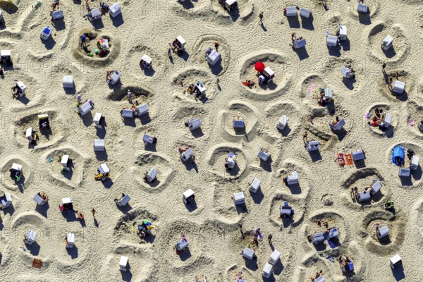 Sandy beach beach with beach chairs and sand walls, sand castles, aerial view, Wangerooge, North Sea, North Sea island, East Frisian Islands, Lower Saxony, Germany