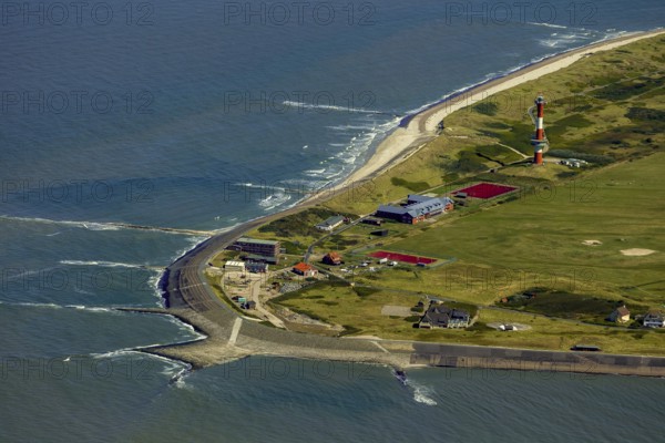 New lighthouse in the west of the island, aerial view, Wangerooge, North Sea, North Sea island, East Frisian Islands, Lower Saxony, Germany, Europe, birds-eyes view, aerial view, aerial photography, aerial photography, overview, bird's eye view
