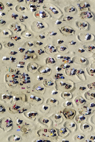 Sandy beach beach with beach chairs and sand walls, sand castles, aerial view, Wangerooge, North Sea, North Sea island, East Frisian Islands, Lower Saxony, Germany, Europe, birds-eyes view, aerial view, aerial photography, aerial photography, overview, bird's eye view