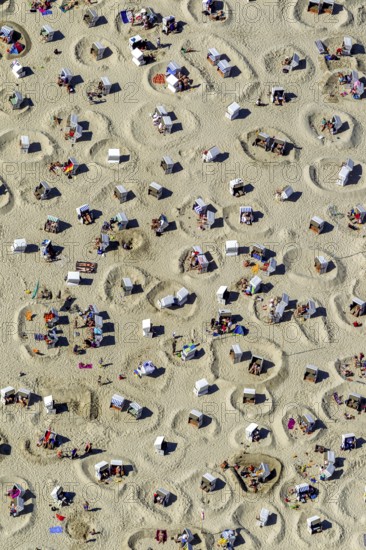 Sandy beach beach with beach chairs and sand walls, sand castles, aerial view, Wangerooge, North Sea, North Sea island, East Frisian Islands, Lower Saxony, Germany, Europe, birds-eyes view, aerial view, aerial photography, aerial photography, overview, bird's eye view