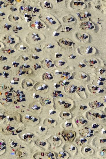 Sandy beach beach with beach chairs and sand walls, sand castles, aerial view, Wangerooge, North Sea, North Sea island, East Frisian Islands, Lower Saxony, Germany, Europe, birds-eyes view, aerial view, aerial photography, aerial photography, overview, bird's eye view