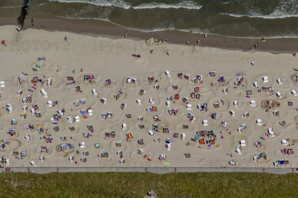 Sandy beach beach with beach chairs and sand walls, sand castles, aerial view, Wangerooge, North Sea, North Sea island, East Frisian Islands, Lower Saxony, Germany, Europe, birds-eyes view, aerial view, aerial photography, aerial photography, overview, bird's eye view