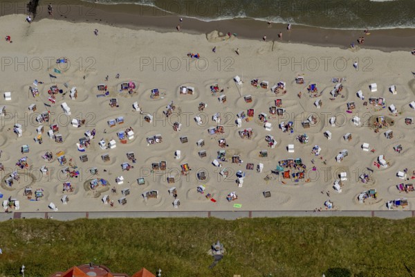 Sandy beach beach with beach chairs and sand walls, sand castles, aerial view, Wangerooge, North Sea, North Sea island, East Frisian Islands, Lower Saxony, Germany, Europe, birds-eyes view, aerial view, aerial photography, aerial photography, overview, bird's eye view