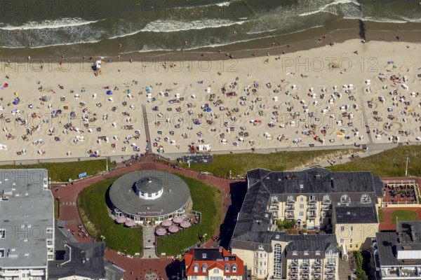 Beach and Café Pudding, aerial view, Wangerooge, North Sea, North Sea island, East Frisian Islands, Lower Saxony, Germany, Europe, birds-eyes view, aerial view, aerial photography, aerial photography, overview, bird's eye view