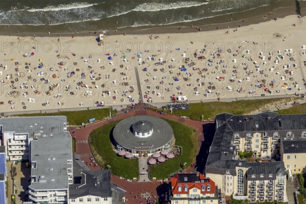 Beach and Café Pudding, aerial view, Wangerooge, North Sea, North Sea island, East Frisian Islands, Lower Saxony, Germany, Europe, birds-eyes view, aerial view, aerial photography, aerial photography, overview, bird's eye view