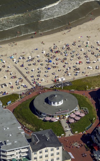 Beach and Café Pudding, aerial view, Wangerooge, North Sea, North Sea island, East Frisian Islands, Lower Saxony, Germany, Europe, birds-eyes view, aerial view, aerial photography, aerial photography, overview, bird's eye view
