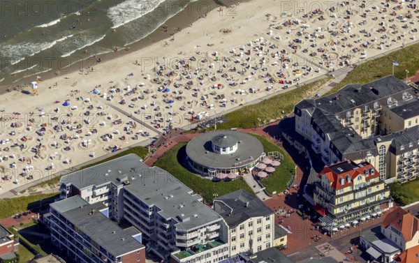 Beach and Café Pudding, aerial view, Wangerooge, North Sea, North Sea island, East Frisian Islands, Lower Saxony, Germany, Europe, birds-eyes view, aerial view, aerial photography, aerial photography, overview, bird's eye view
