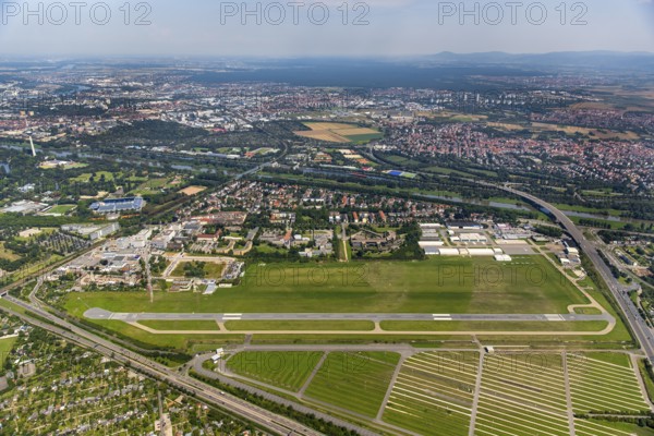 Airport Mannheim-Neuostheim, commercial airfield, general aviation, Mannheim, Baden-Württemberg, Germany, Europe, aerial view, birds-eyes view, aerial photography, aerial photography, overview, bird's eye view
