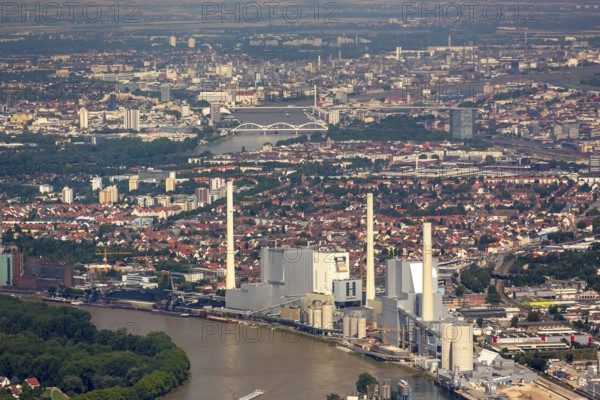 GKM Mannheim with view over Mannheim, power station, Schwetzingen, Baden-Württemberg, Germany, Europe, aerial view, birds-eyes view, aerial photography, aerial photography, overview, bird's eye view