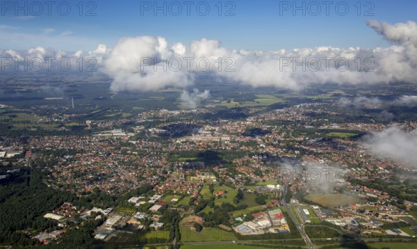 Lingen city overview with clouds, Lingen (Ems), Emsland, Lower Saxony, Germany, Europe, aerial view, birds-eyes view, aerial photography, aerial photography, overview, overview, bird's eye view