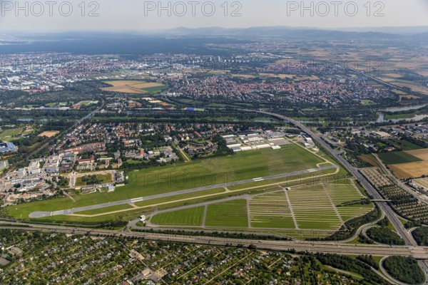 Airport Mannheim-Neuostheim, commercial airfield, general aviation, Mannheim, Baden-Württemberg, Germany, Europe, aerial view, birds-eyes view, aerial photography, aerial photography, overview, bird's eye view