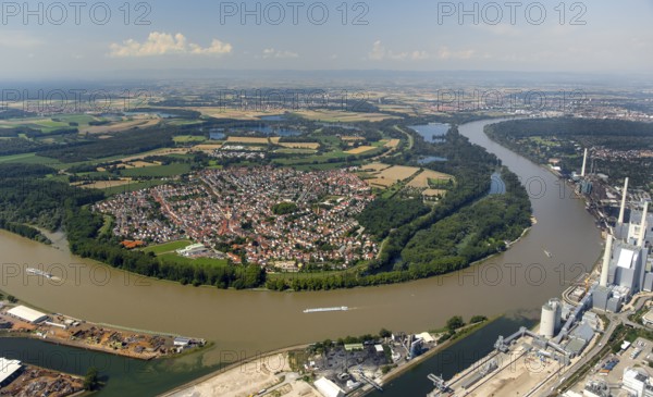 View of Altrip over the Rhine from Mannheim, Altrip, Rhineland-Palatinate, Germany, Europe, aerial view, birds-eyes view, aerial photography, aerial photography, overview, overview, bird's eye view