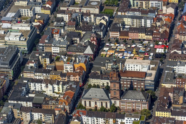 Konkordienkirche Mannheim, in the background market square of Mannheim with former Mannheim town hall, St Sebastian's Church, fountain monument by Peter van den Branden, Mannheim, Baden-Württemberg, Germany, Europe, aerial view, birds-eyes view, aerial photograph, aerial photography, aerial photography, overview, bird's eye view