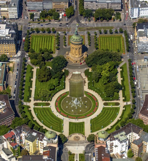 Water tower with park on Friedrichsplatz, Mannheim, Baden-Württemberg, Germany, Europe, aerial view, birds-eyes view, aerial photography, aerial photography, overview, bird's eye view