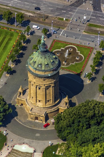 Water tower with park on Friedrichsplatz, Mannheim, Baden-Württemberg, Germany, Europe, aerial view, birds-eyes view, aerial photography, aerial photography, overview, bird's eye view