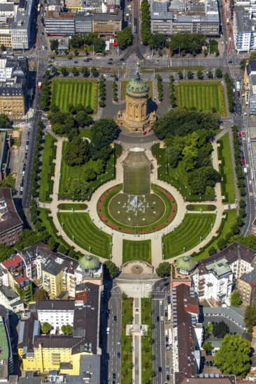 Water tower with park on Friedrichsplatz, Mannheim, Baden-Württemberg, Germany, Europe, aerial view, birds-eyes view, aerial photography, aerial photography, overview, bird's eye view