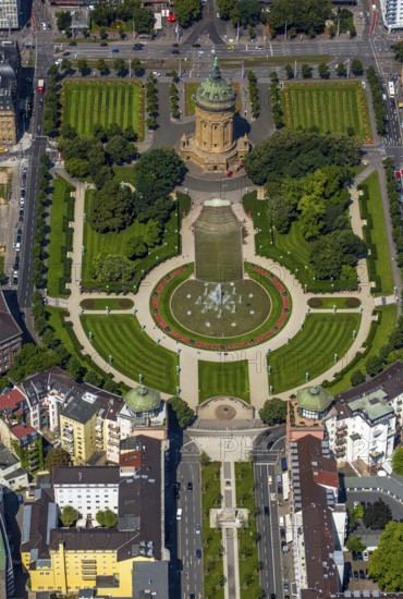 Water tower with park on Friedrichsplatz, Mannheim, Baden-Württemberg, Germany, Europe, aerial view, birds-eyes view, aerial photography, aerial photography, overview, bird's eye view