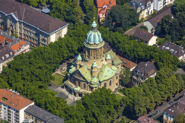 Christuskirche Mannheim, Mannheim, Baden-Württemberg, Germany, Europe, aerial view, birds-eyes view, aerial photography, aerial photography, overview, overview, bird's eye view