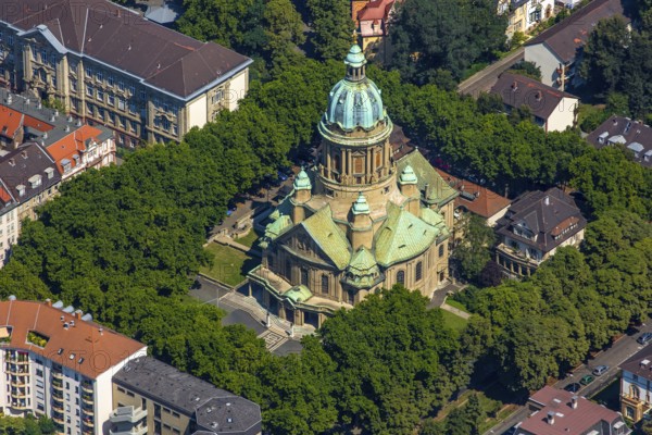 Christuskirche Mannheim, Mannheim, Baden-Württemberg, Germany, Europe, aerial view, birds-eyes view, aerial photography, aerial photography, overview, overview, bird's eye view