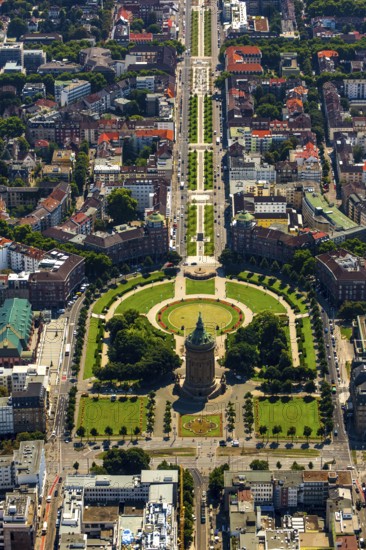 Water tower with park on Friedrichsplatz, Mannheim, Baden-Württemberg, Germany, Europe, aerial view, birds-eyes view, aerial photography, aerial photography, overview, bird's eye view