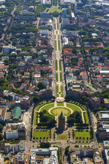 Water tower with park on Friedrichsplatz, Mannheim, Baden-Württemberg, Germany, Europe, aerial view, birds-eyes view, aerial photography, aerial photography, overview, bird's eye view