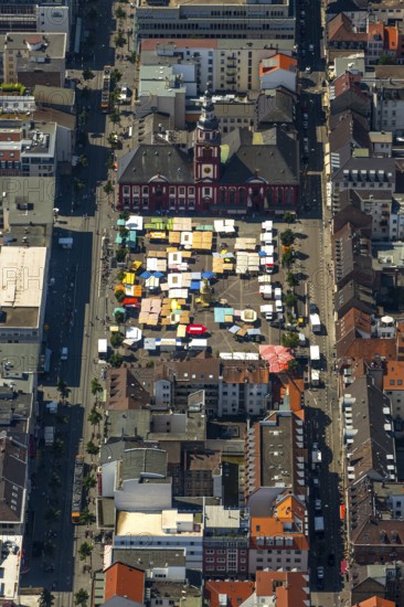 Market square of Mannheim with former town hall of Manheim, St Sebastian's Church, fountain monument by Peter van den Branden, Mannheim, Baden-Württemberg, Germany, Europe, aerial view, bird's eye view, aerial photography, aerial photography, overview, bird's eye view