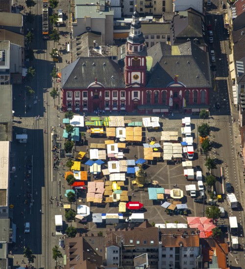 Market square of Mannheim with former town hall of Manheim, St Sebastian's Church, fountain monument by Peter van den Branden, Mannheim, Baden-Württemberg, Germany, Europe, aerial view, bird's eye view, aerial photography, aerial photography, overview, bird's eye view