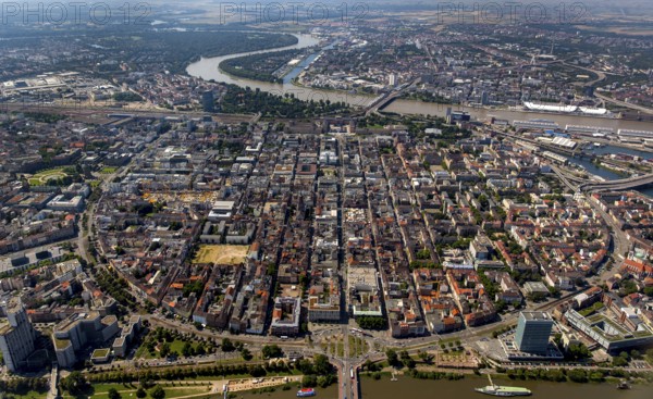 Square city Mannheim, old town, view over the Neckar river to Mannheim, Mannheim, Baden-Württemberg, Germany, Europe, aerial view, birds-eyes view, aerial photography, aerial photography, overview, overview, bird's eye view