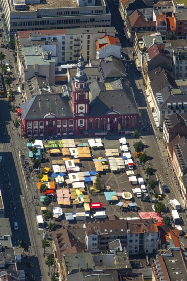 Market square of Mannheim with former town hall of Manheim, St Sebastian's Church, fountain monument by Peter van den Branden, Mannheim, Baden-Württemberg, Germany, Europe, aerial view, bird's eye view, aerial photography, aerial photography, overview, bird's eye view