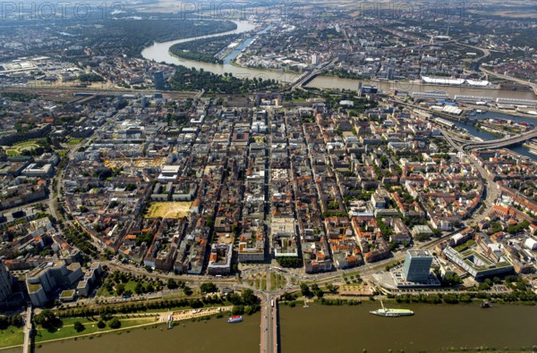 Square city Mannheim, old town, view over the Neckar river to Mannheim, Mannheim, Baden-Württemberg, Germany, Europe, aerial view, birds-eyes view, aerial photography, aerial photography, overview, overview, bird's eye view