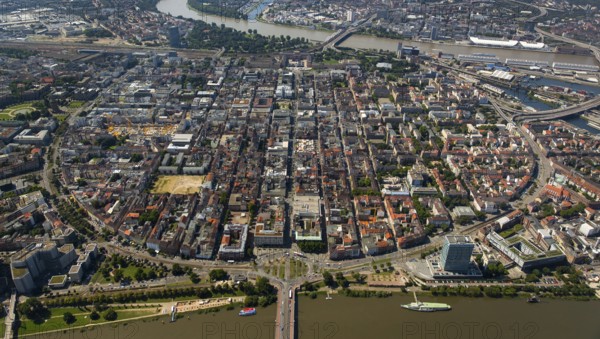 Square city Mannheim, old town, view over the Neckar river to Mannheim, Mannheim, Baden-Württemberg, Germany, Europe, aerial view, birds-eyes view, aerial photography, aerial photography, overview, overview, bird's eye view