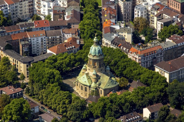 Christuskirche Mannheim, Mannheim, Baden-Württemberg, Germany, Europe, aerial view, birds-eyes view, aerial photography, aerial photography, overview, overview, bird's eye view