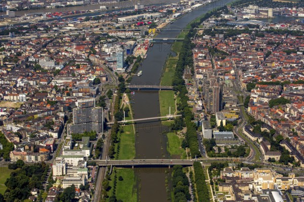 View over the Neckar river to Mannheim, Mannheim, Baden-Württemberg, Germany, Europe, aerial view, birds-eyes view, aerial photography, aerial photography, overview, overview, bird's eye view