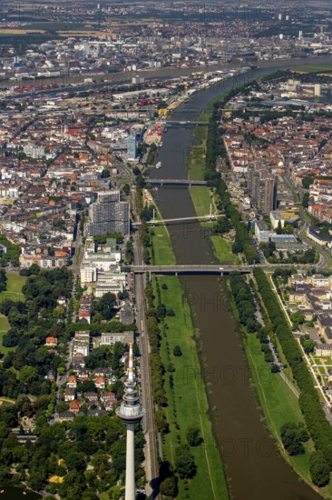 View over the Neckar river to Mannheim, Mannheim, Baden-Württemberg, Germany, Europe, aerial view, birds-eyes view, aerial photography, aerial photography, overview, overview, bird's eye view