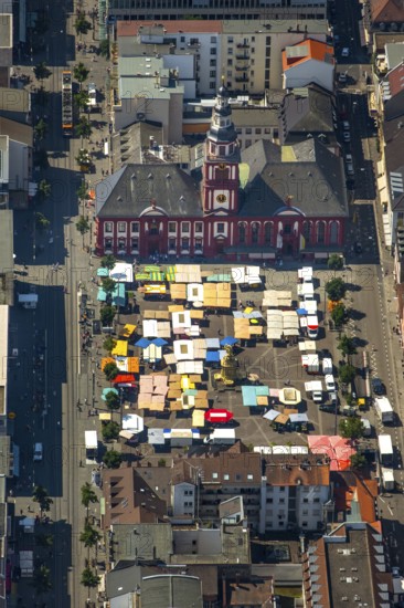 Market square of Mannheim with former town hall of Manheim, St Sebastian's Church, fountain monument by Peter van den Branden, Mannheim, Baden-Württemberg, Germany, Europe, aerial view, bird's eye view, aerial photography, aerial photography, overview, bird's eye view