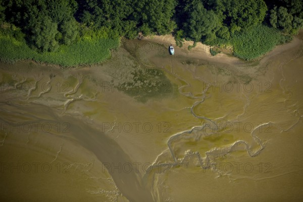 Elbe, tidal flats at low tide on an island in the Elbe near Wedel and Jork with motorboat running aground, Wedel, Lower Saxony, Germany, Jork, Free and Hanseatic City of Hamburg, Europe, aerial view, birds-eyes view, aerial photography, aerial photography, overview, bird's eye view