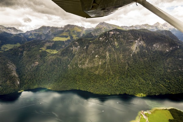View of the Königssee from a small sports aeroplane, Schönau, Alps, Bavaria, Germany, Europe, aerial view, birds-eyes view, aerial photography, aerial photography, overview, bird's eye view