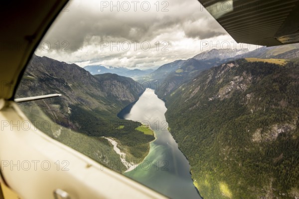 View of the Königssee from a small sports aeroplane, Schönau, Alps, Bavaria, Germany, Europe, aerial view, birds-eyes view, aerial photography, aerial photography, overview, bird's eye view