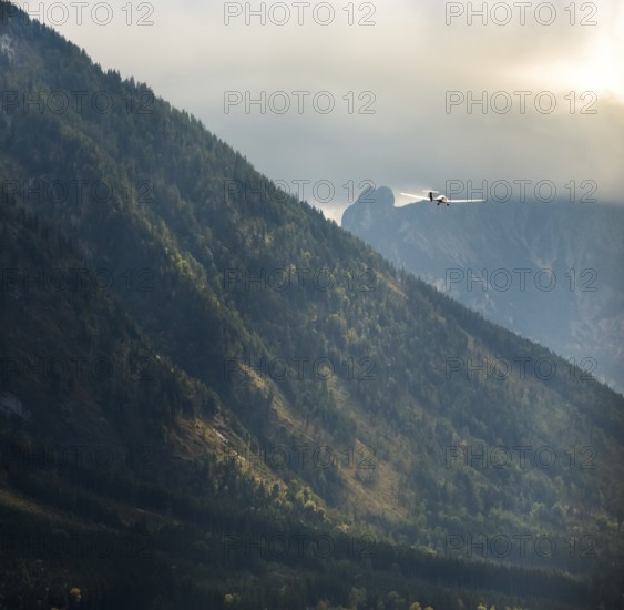 Motorised glider flying over the Alps, Salzburg, Alps, Austria, Europe, aerial view, birds-eyes view, aerial photography, aerial photography, overview, bird's eye view