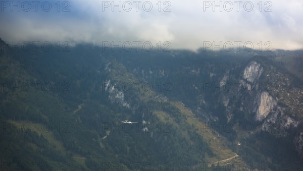 Motorised glider flying over the Alps, Salzburg, Alps, Austria, Europe, aerial view, birds-eyes view, aerial photography, aerial photography, overview, bird's eye view