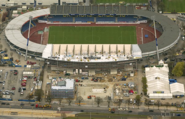 Eintracht Braunschweig stadium with west and east stands, Braunschweiger Turn- und Sportverein Eintracht von 1895 e. V. (BTSV), Bundesliga stadium, aerial view, aerial photography of the city of Braunschweig, Braunschweig, Ruhr area, Lower Saxony, Germany, Europe, birds-eyes view, aerial photography, aerial photography, overview, overview, bird's-eye view