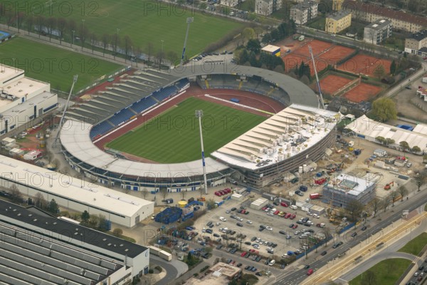Eintracht Braunschweig stadium with west and east stands, Braunschweiger Turn- und Sportverein Eintracht von 1895 e. V. (BTSV), Bundesliga stadium, aerial view, aerial photography of the city of Braunschweig, Braunschweig, Ruhr area, Lower Saxony, Germany, Europe, birds-eyes view, aerial photography, aerial photography, overview, overview, bird's-eye view
